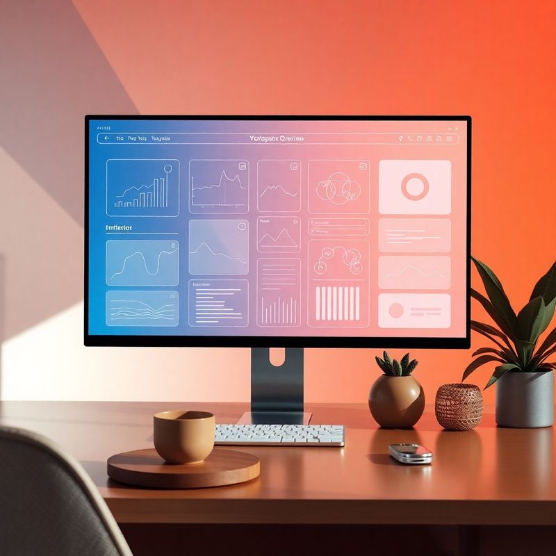 Workspace digitale con wireframe indigo su schermo e sfondo geometrico