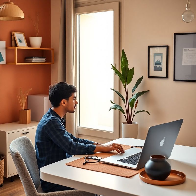 Scena minimale di ufficio italiano con palette indigo-tech